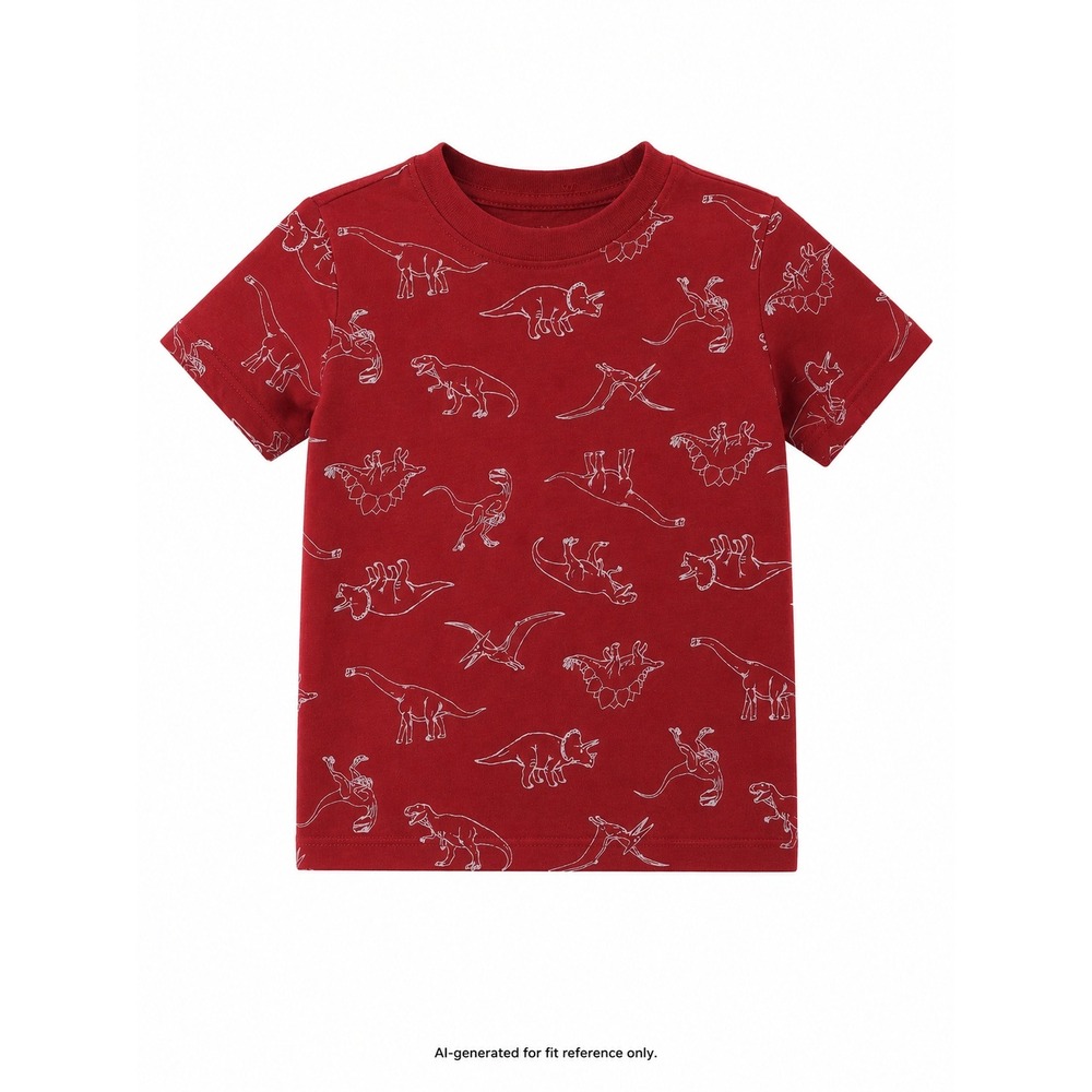 Lands End T-Shirt Kids 2T Red Dinosaur Print Short Sleeve Crew Neck Cotton Blend
